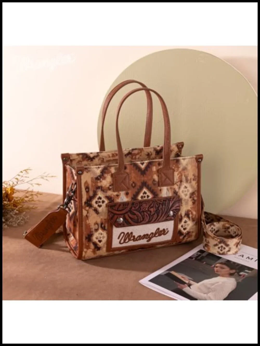 Aztec Tote Bag with Embossed Floral Flap - Boho Shoulder Purse